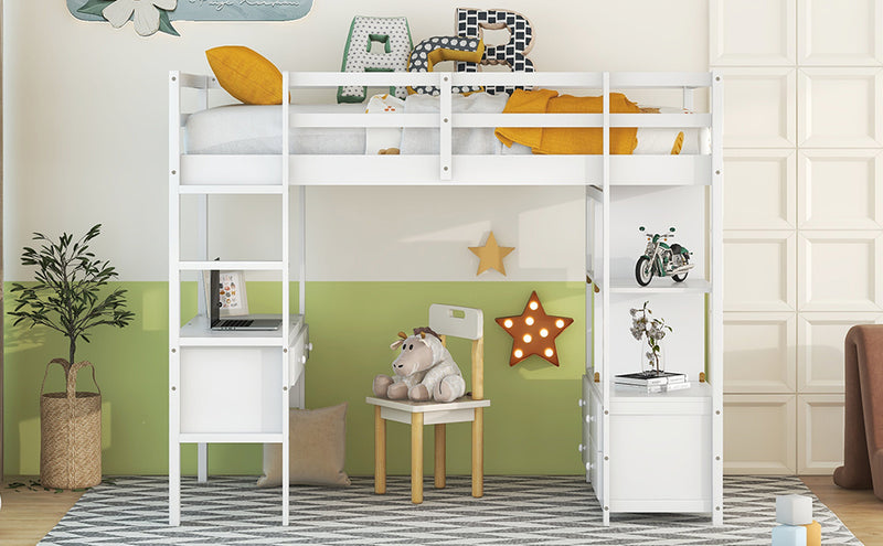 Twin  Size Loft Bed with Built-in Desk with Two Drawers, and Storage Shelves and Drawers,White