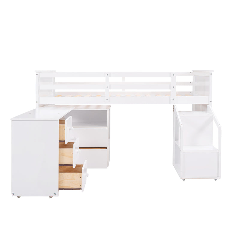 Loft Bed Low Study Twin Size Loft Bed With Storage Steps and Portable,Desk,White