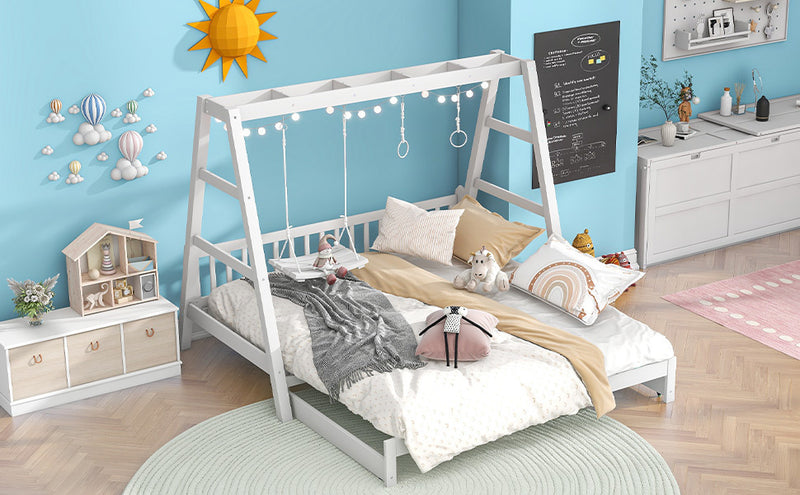 Extendable Twin Daybed with Swing and Ring Handles, White(Twin bed can be pulled out to be King)