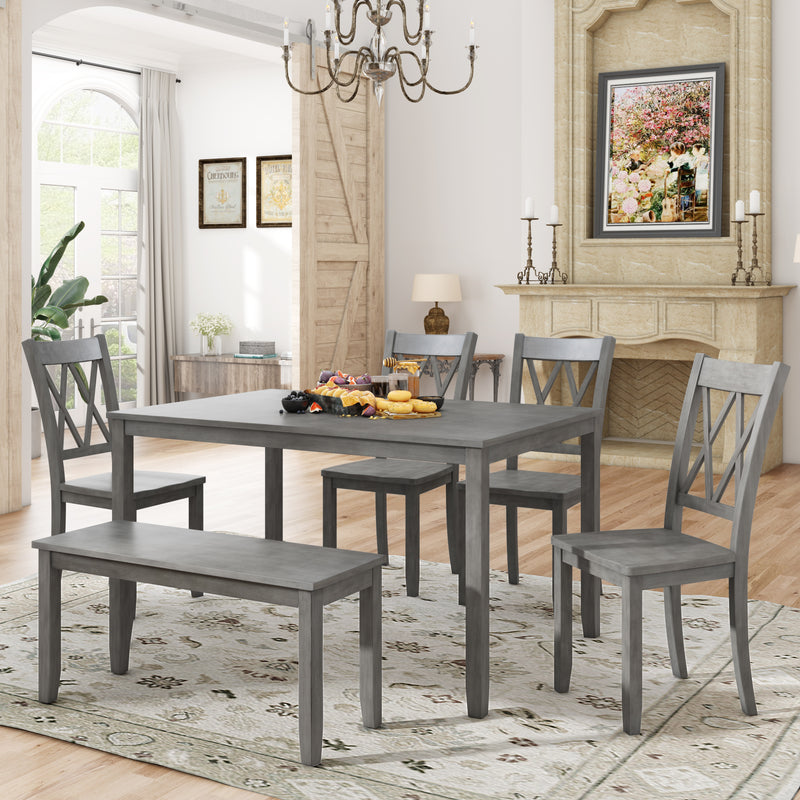 TOPMAX 6-piece Wooden Kitchen Table set, Farmhouse Rustic Dining Table set with Cross Back 4 Chairs and Bench,Antique Graywash