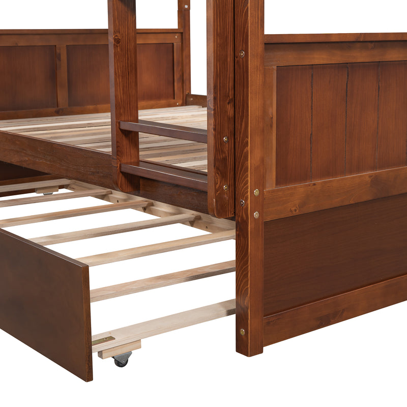 Full Over Full Bunk Bed with Twin Size Trundle, Walnut