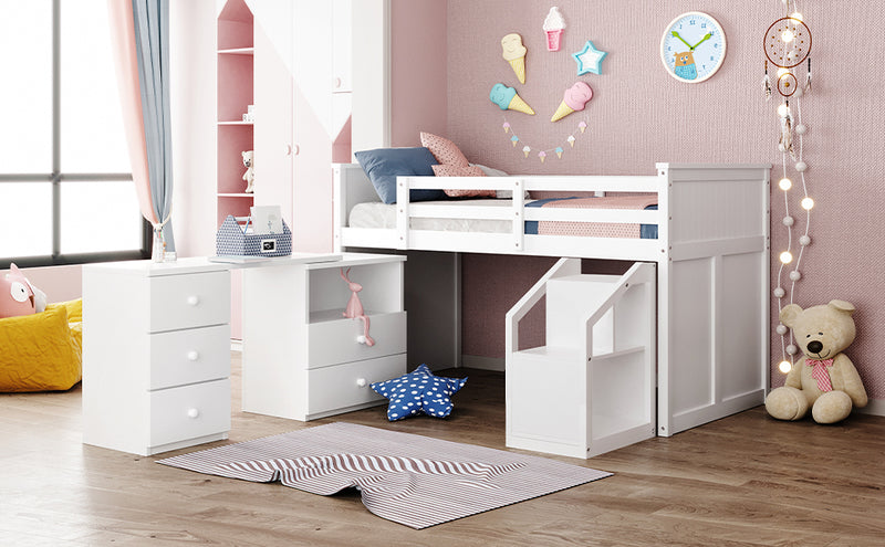 Loft Bed Low Study Twin Size Loft Bed With Storage Steps and Portable,Desk,White