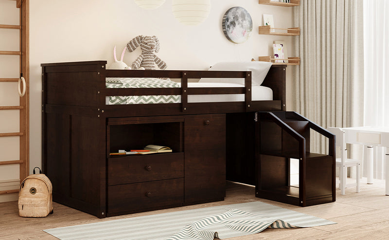 Loft Bed Low Study Twin Size Loft Bed With Storage Steps and Portable,Desk,Espresso