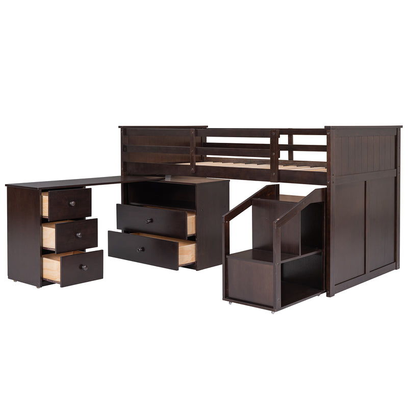 Loft Bed Low Study Twin Size Loft Bed With Storage Steps and Portable,Desk,Espresso