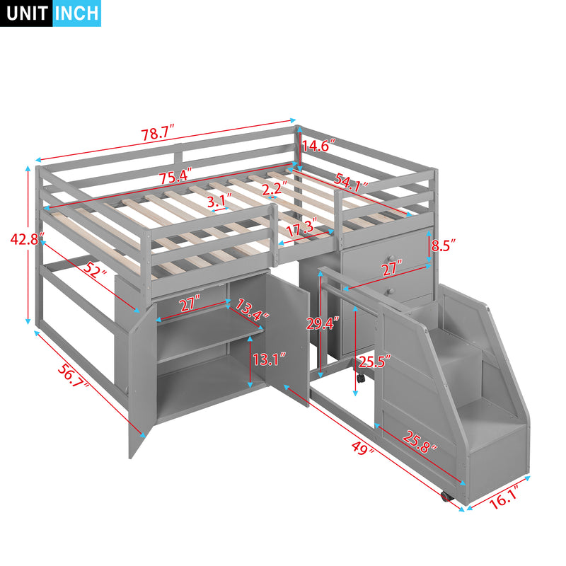 Full Size Functional Loft Bed with Cabinets and Drawers, Hanging Clothes at the back of the Staircase, Gray