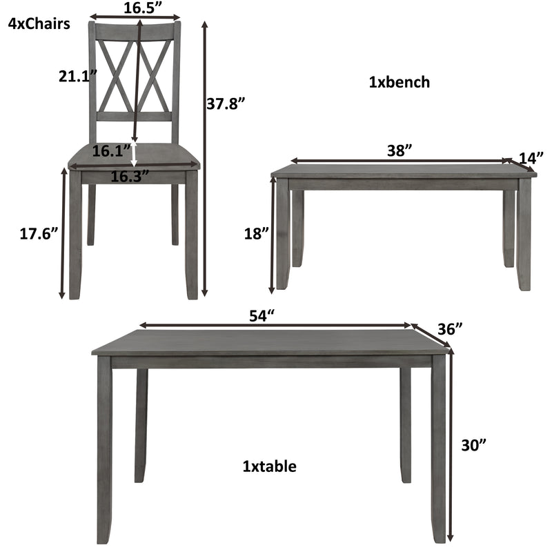 TOPMAX 6-piece Wooden Kitchen Table set, Farmhouse Rustic Dining Table set with Cross Back 4 Chairs and Bench,Antique Graywash