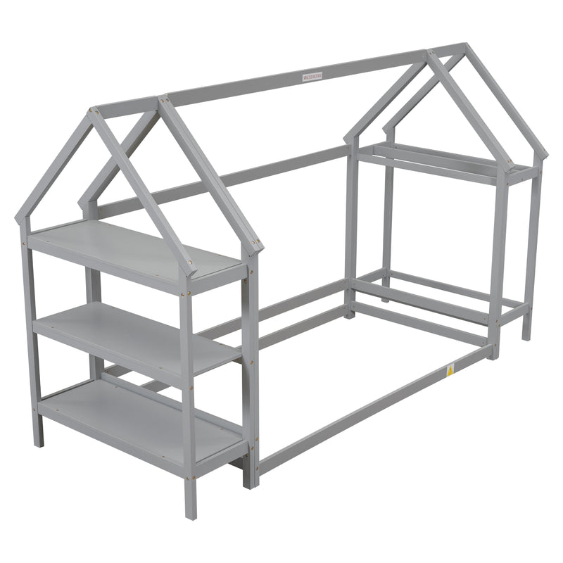 Twin House-Shaped Floor Bed with 2 Detachable Stands,Gray