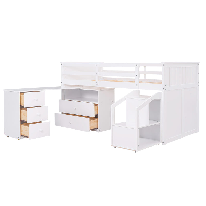 Loft Bed Low Study Twin Size Loft Bed With Storage Steps and Portable,Desk,White