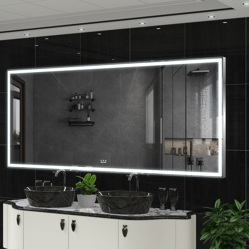 Extra Large LED Bathroom Mirror with 3 Color Aluminum Framed Wall Mirror Full Body Mirror with Lights, Vertical Horizontal Hanging Aluminum Framed Mirror for Bedroom Living Room, Silver, 84X36 inches