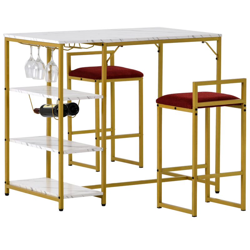 Counter Height 3-piece Bar Dining Table Set with 2 Upholstered Bar Stools/Chairs, 4 Glass Holders,2 Wine Racks and 3 Open Storage Shelves for Small Places, Faux Marble White+Golden Finish