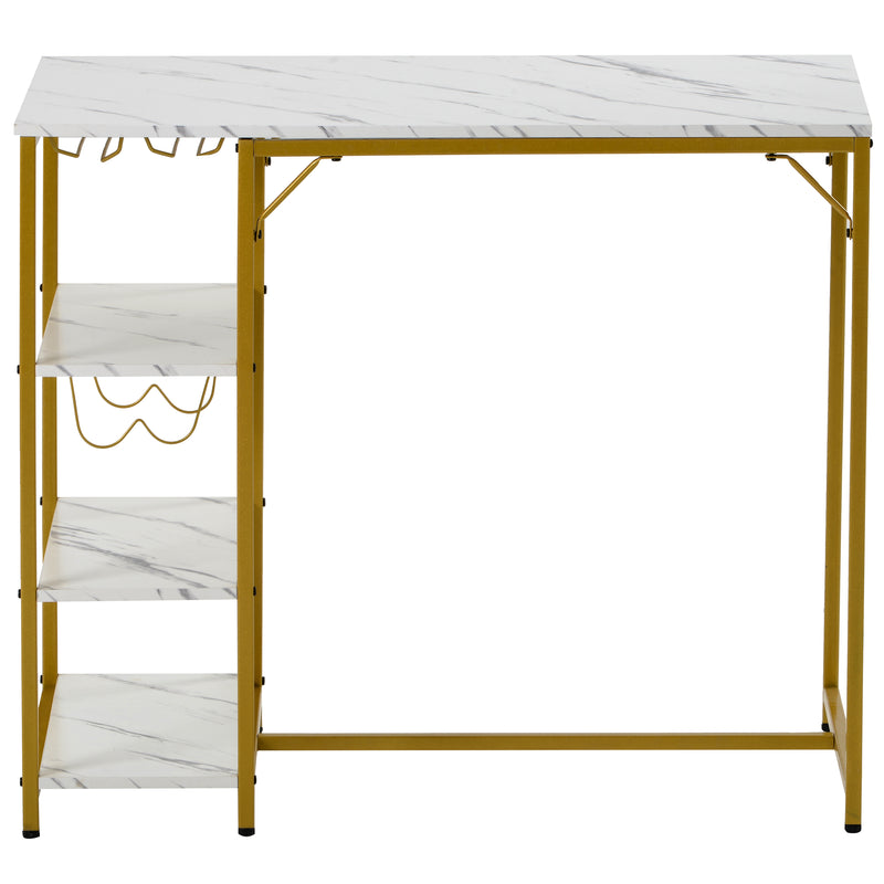 Counter Height 3-piece Bar Dining Table Set with 2 Upholstered Bar Stools/Chairs, 4 Glass Holders,2 Wine Racks and 3 Open Storage Shelves for Small Places, Faux Marble White+Golden Finish